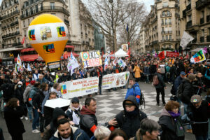 France, Paris, 2023-03-07. The FSU parade. Fifth demonstration against pension reform. Photograph by Martin Noda / Hans Lucas France, Paris, 2023-03-07. Cortege de la FSU. Sixth manifestation contre la reforme des retraites. Photographie de Martin Noda / Hans Lucas