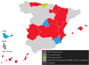 Carte du contrôle politique régional en Espagne avant les élections régionales du 28 mai 2023 (Wikimedia Commons)